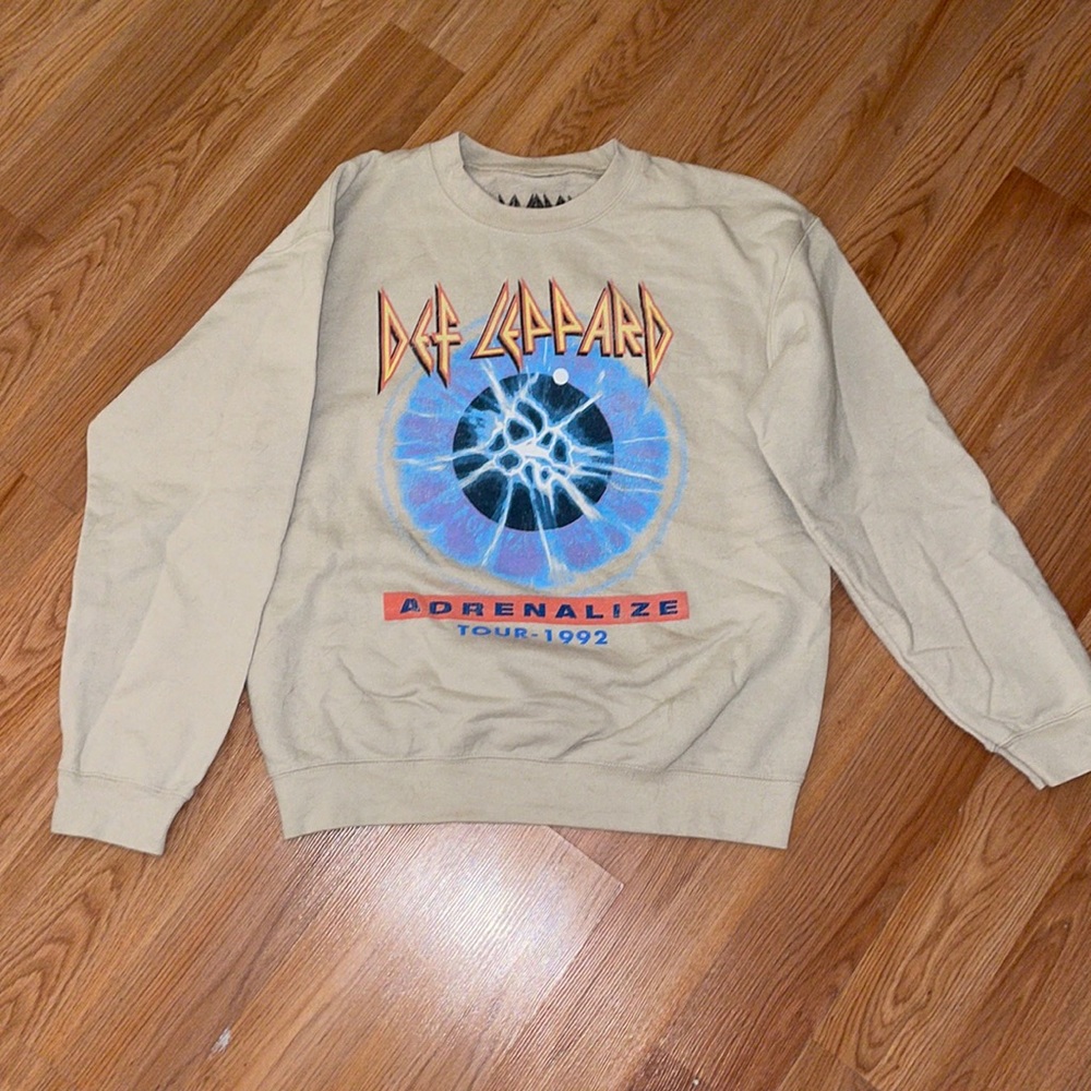 Goodie Two Sleeves Def Leppard Tan Crewneck Sweatshirt